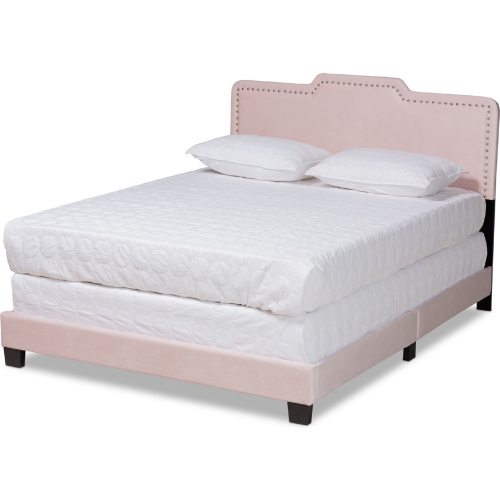 Benjen Queen Panel Bed in Light Pink Velvet with Nailhead Trim
