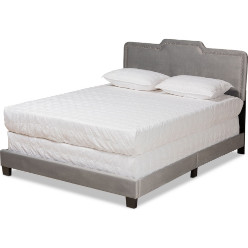 Benjen Queen Panel Bed in Gray Velvet with Nailhead Trim