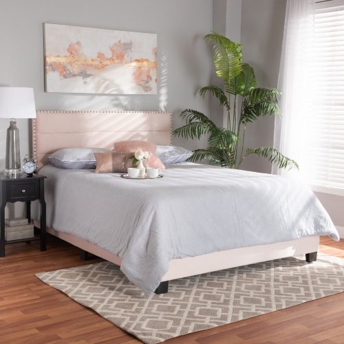 Tamira Full Panel Bed in Channel Tufted Light Pink Velvet