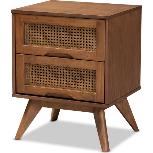 Barrett 2 Drawer Nightstand in Walnut Brown Finish & Poly Rattan