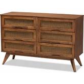 Barrett 6 Drawer Dresser in Walnut Brown Finish & Poly Rattan