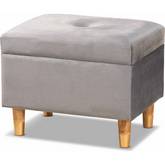 Elias Storage Ottoman in Gray Velvet & Oak Finish Wood
