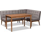 Sanford 3 Piece Dining Nook Set in Gray Fabric & Walnut Finish