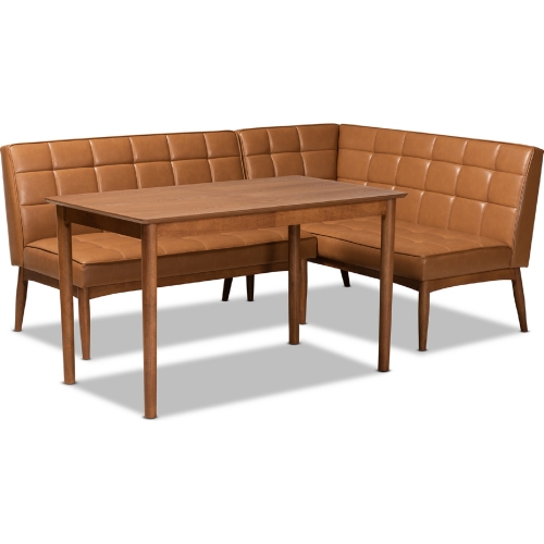 Sanford 3 Piece Dining Nook Set in Tan Leatherette & Walnut Finish