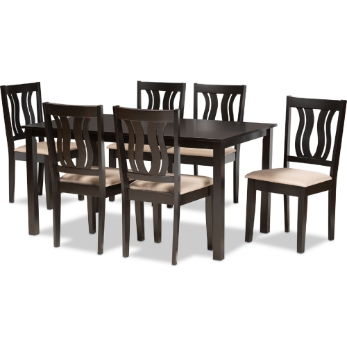 Fenton 7 Piece Dining Set in Sand Fabric & Dark Wood