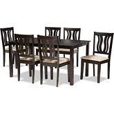 Fenton 7 Piece Dining Set in Sand Fabric & Dark Wood