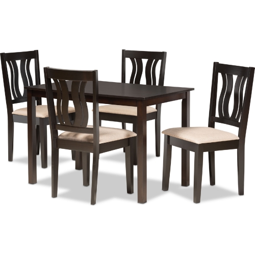 Fenton 5 Piece Dining Set in Sand Fabric & Dark Brown Wood