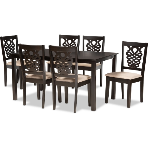 Gervais 7 Piece Dining Set in Sand Fabric & Dark Brown Wood