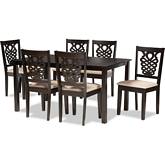 Gervais 7 Piece Dining Set in Sand Fabric & Dark Brown Wood