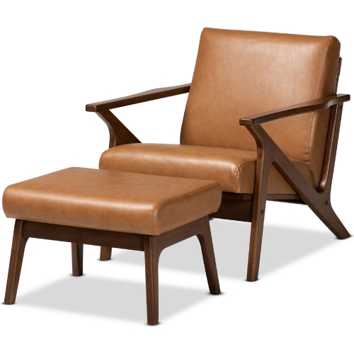 Bianca Lounge Chair & Ottoman in Tan Leatherette & Walnut Finish