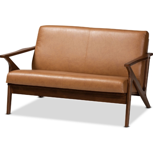 Bianca Loveseat in Tan Leatherette & Walnut Finish Wood
