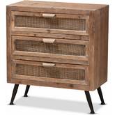 Calida 3 Drawer Storage Cabinet in White Wash Wood & Rattan