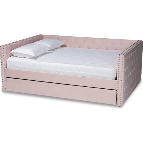 Larkin Full Daybed with Trundle in Tufted Pink Velvet
