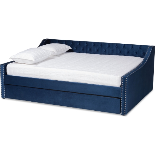 Raphael Queen Daybed with Trundle in Tufted Navy Blue Velvet