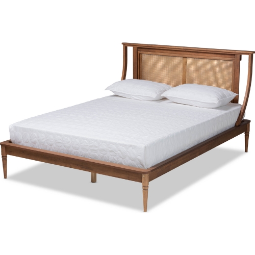 Jamila Full Platform Bed in Walnut Finish & Synthetic Rattan
