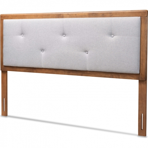 Abner Queen Headboard in Tufted Light Gray Fabric & Walnut Finish
