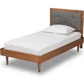 Saul Twin Platform Bed in Dark Gray Fabric & Walnut Finish Wood