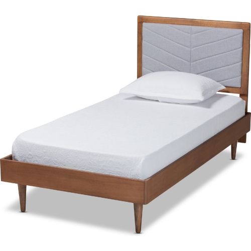Tasha Twin Platform Bed in Tufted Light Gray Fabric & Walnut Finish