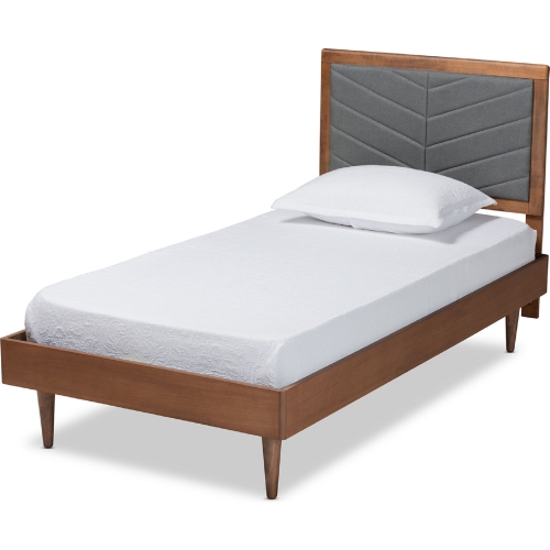Tasha Twin Platform Bed in Tufted Dark Gray Fabric & Walnut Finish