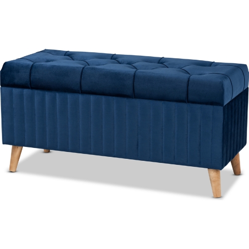 Hanley Storage Ottoman in Navy Blue Velvet & Walnut Finish Wood