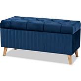 Hanley Storage Ottoman in Navy Blue Velvet & Walnut Finish Wood