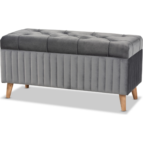 Hanley Storage Ottoman in Gray Velvet & Walnut Finish Wood
