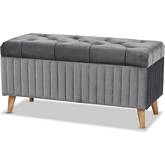 Hanley Storage Ottoman in Gray Velvet & Walnut Finish Wood