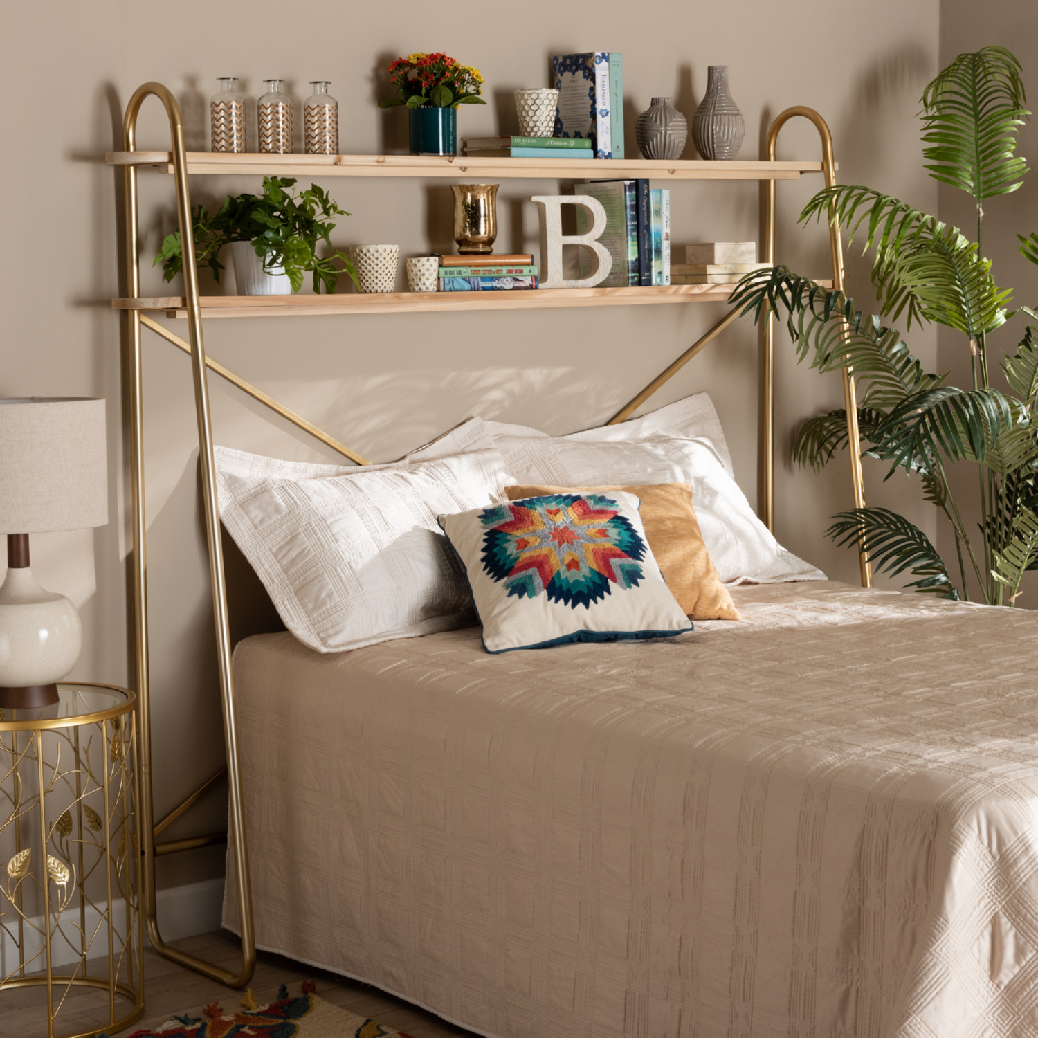 Baxton JY-0004-Natural/Gold-Queen Shelf Merida Queen Over Bed Storage