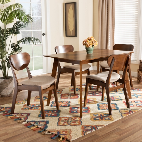 Katya 5 Piece Dining Set in Sand Fabric & Walnut Brown Wood