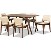 Afton 7 Piece Dining Set in Beige Leatherette & Walnut Finish
