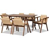 Marcena 7 Piece Dining Set in Beige Leatherette & Walnut Finish