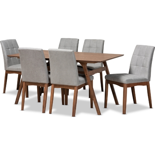 Tara 7 Piece Dining Set in Light Gray Fabric & Walnut Finish Wood