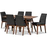 Tara 7 Piece Dining Set in Dark Gray Fabric & Walnut Finish Wood