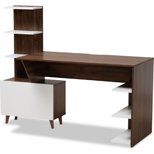 Tobias Storage Desk with Shelves in White & Walnut Finish Wood