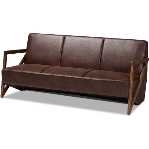 Christa Sofa in Dark Brown Leatherette & Walnut Finish