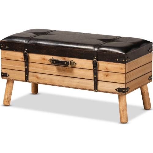 Amena 35" Storage Ottoman in Dark Brown Leatherette & Oak Finish