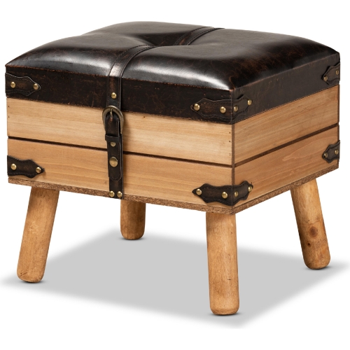 Amena 16" Storage Ottoman in Dark Brown Leatherette & Oak Finish