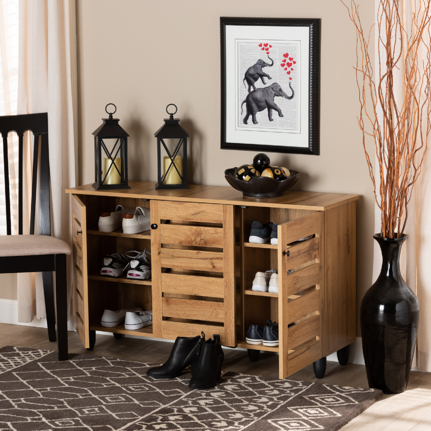 Baxton SC865513M-Wotan Oak Gisela 3 Door Shoe Cabinet in Oak