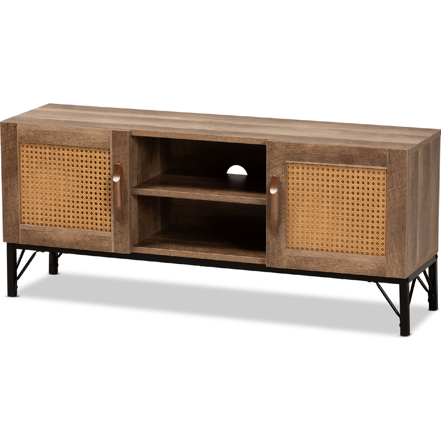 Baxton RAT001Natural/Black Veanna 43" TV Stand in Wood, PE Rattan