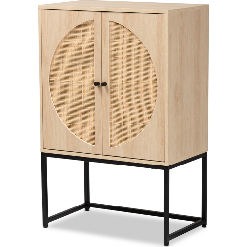 Ardon 2 Door Storage Cabinet in Light Wood, Rattan & Black Metal