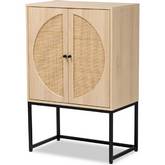 Ardon 2 Door Storage Cabinet in Light Wood, Rattan & Black Metal