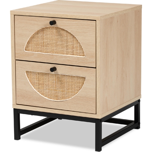 Ardon 1 Drawer End Table in Light Wood, Rattan & Black Metal