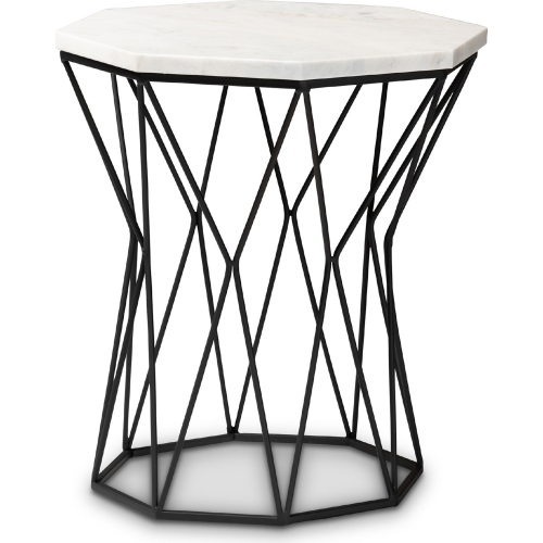 Venedict End Table in White Marble Top & Black Metal