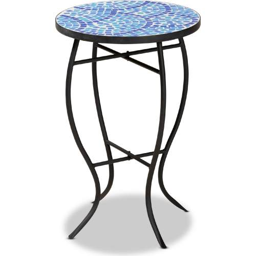 Gaenor End Table Plant Stand in Blue Glass & Black Metal
