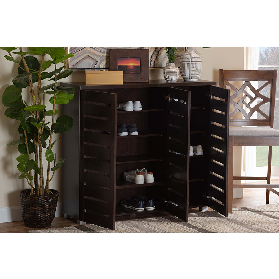 Baxton SC863533-Wenge Adalwin 3 Door Shoe Storage Cabinet in Dark
