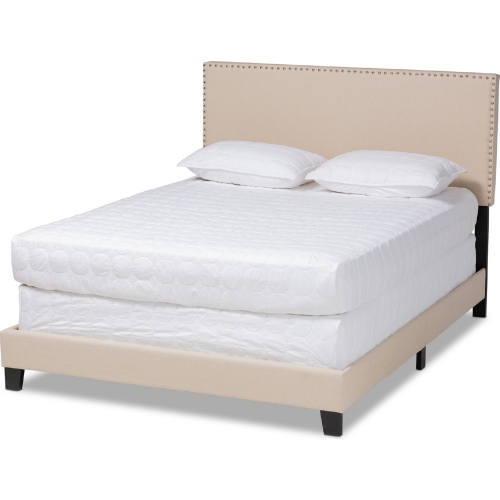 Ramon Full Panel Bed in Beige Fabric with Nailhead Trim