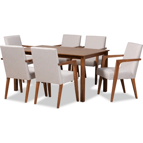 Glenda 7 Piece Dining Set in Gray Beige Fabric & Walnut Finish