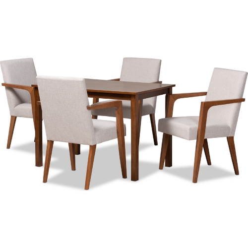 Glenda 5 Piece Dining Set in Gray Beige Fabric & Walnut Finish