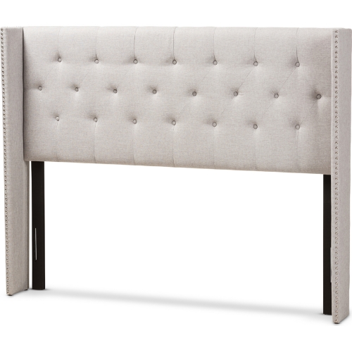 Ally King Winged Headboard in Tufted Gray Beige Fabric withNailhead