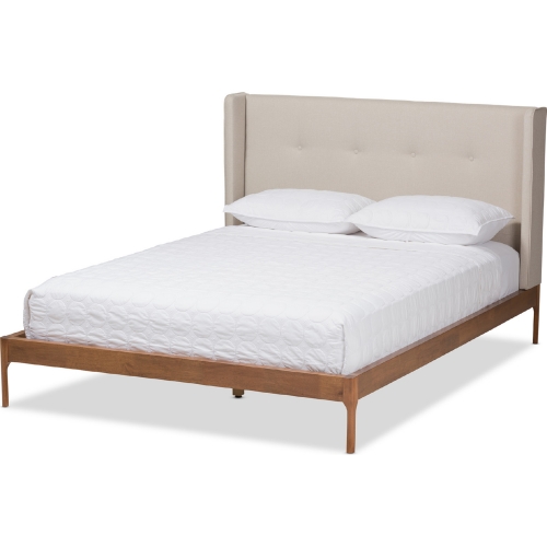 Brooklyn Queen Platform Bed in Beige Fabric & Walnut Wood